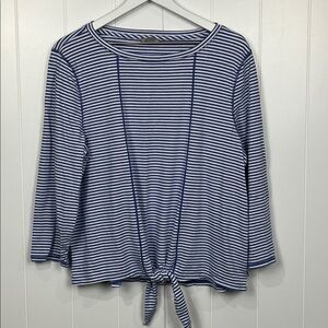 T by Talbots Womens Pullover Top XL Bluue White Stripe 3/4 Sleeves Tie Nautical
